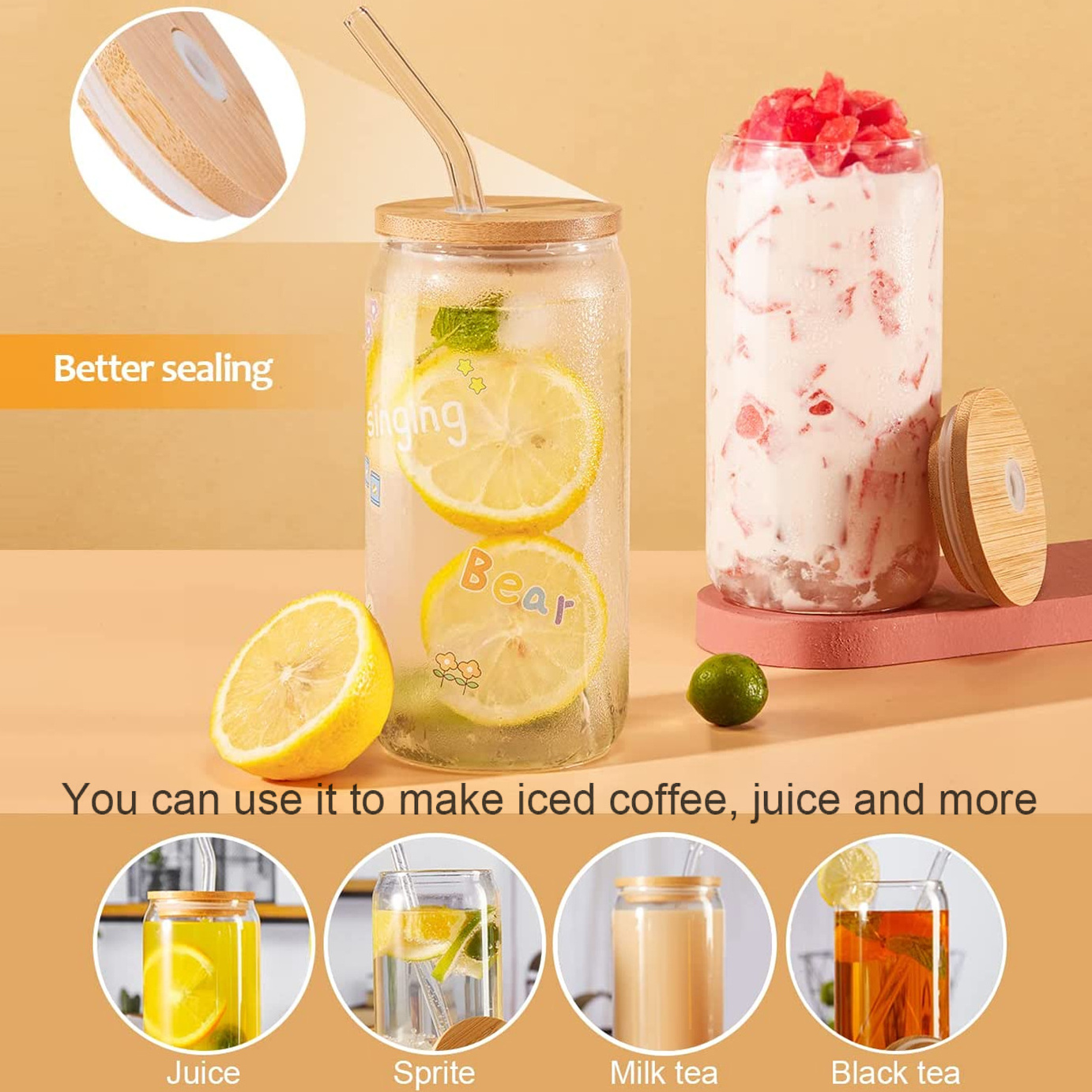 reusable can shaped cold water transparent iced coffee drinking glasses with bamboo lids and glass straw