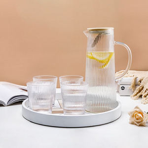 Heat Resistance Custom Box Packaging Clear Ribbed Borosilicate Glass Water Pitcher Jug and Glasses Set with Lid