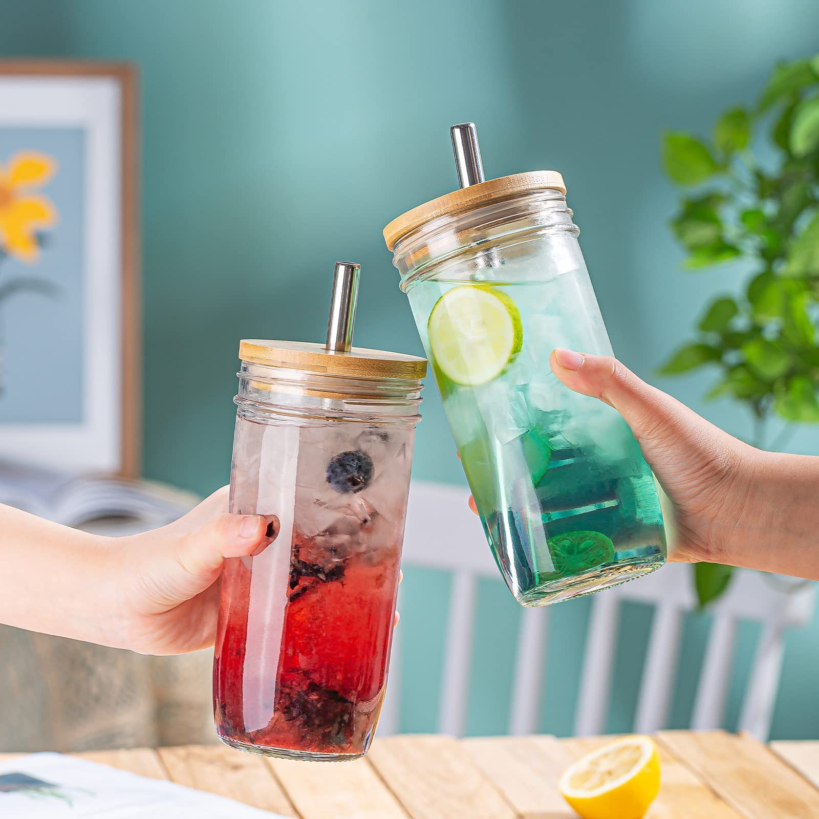 High Quality Mason Jar Drinking Glasses Tumblers With Bamboo Lids and Straws for Juice Iced Coffee