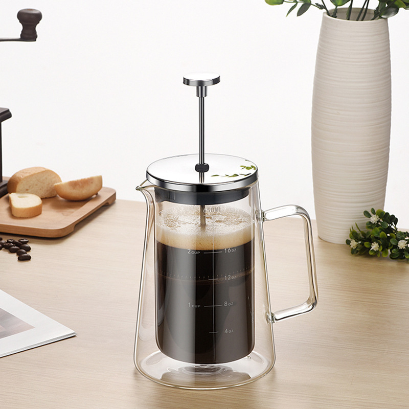 French Press Coffee Pot Maker Low Moq 650ml High Borosilicate High Quality Double Wall Cafetiere Insulated Glass Modern Round