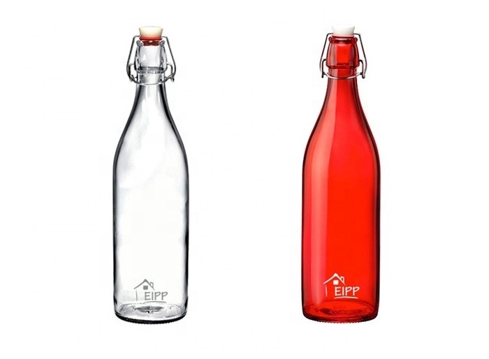 Wholesale Swing Top 300ml 500ml 1000ml Custom Printed Fruit Juice Glass Bottle With Stainless Steel Flip