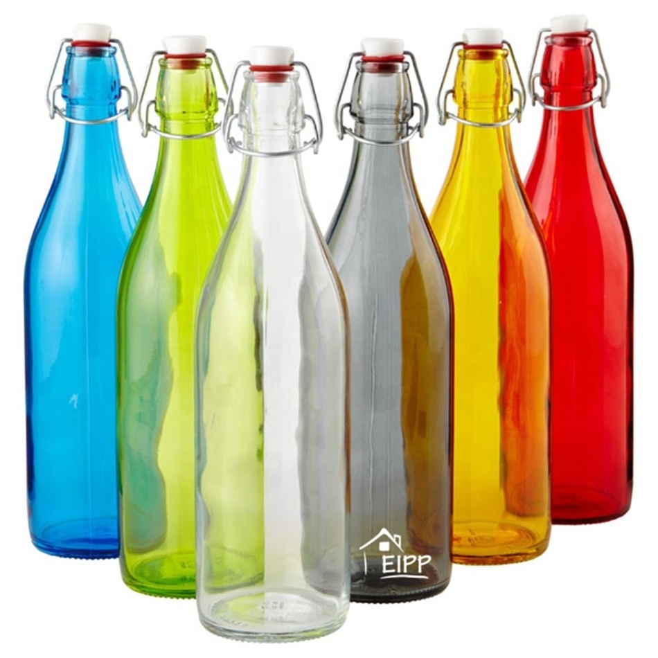 Wholesale Swing Top 300ml 500ml 1000ml Custom Printed Fruit Juice Glass Bottle With Stainless Steel Flip