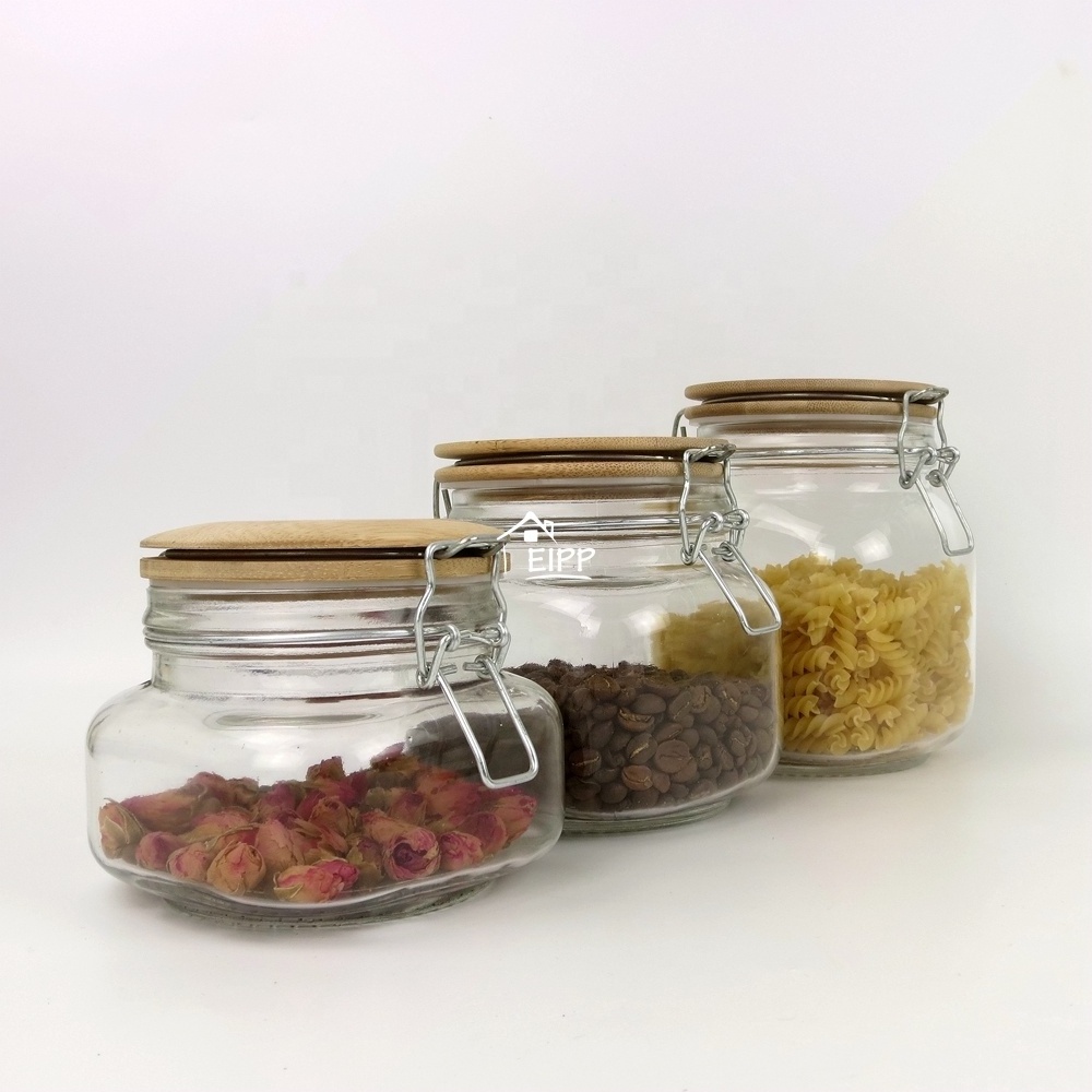 Wholesale Customized 500ml 750ml 950ml Square Airtight Stainless Steel Clip Top Glass Food Storage Jar Set with Glass Wooden Lid