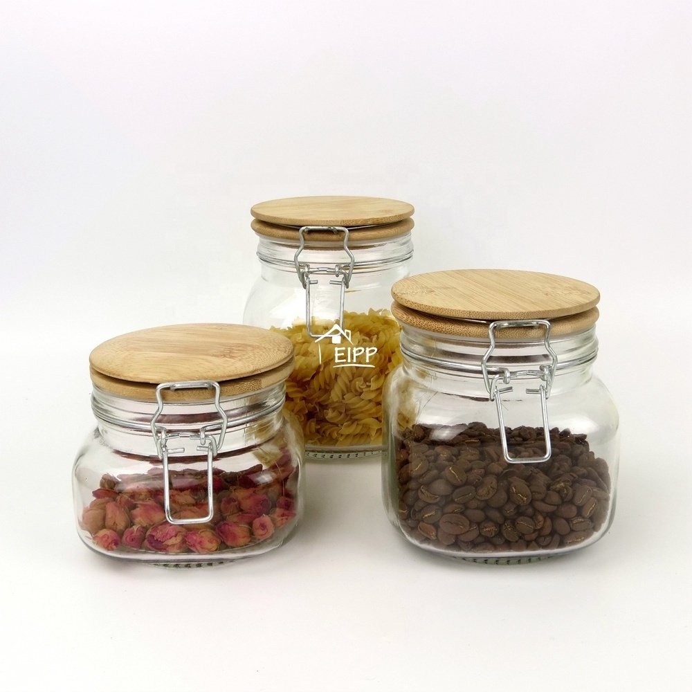 Wholesale Customized 500ml 750ml 950ml Square Airtight Stainless Steel Clip Top Glass Food Storage Jar Set with Glass Wooden Lid