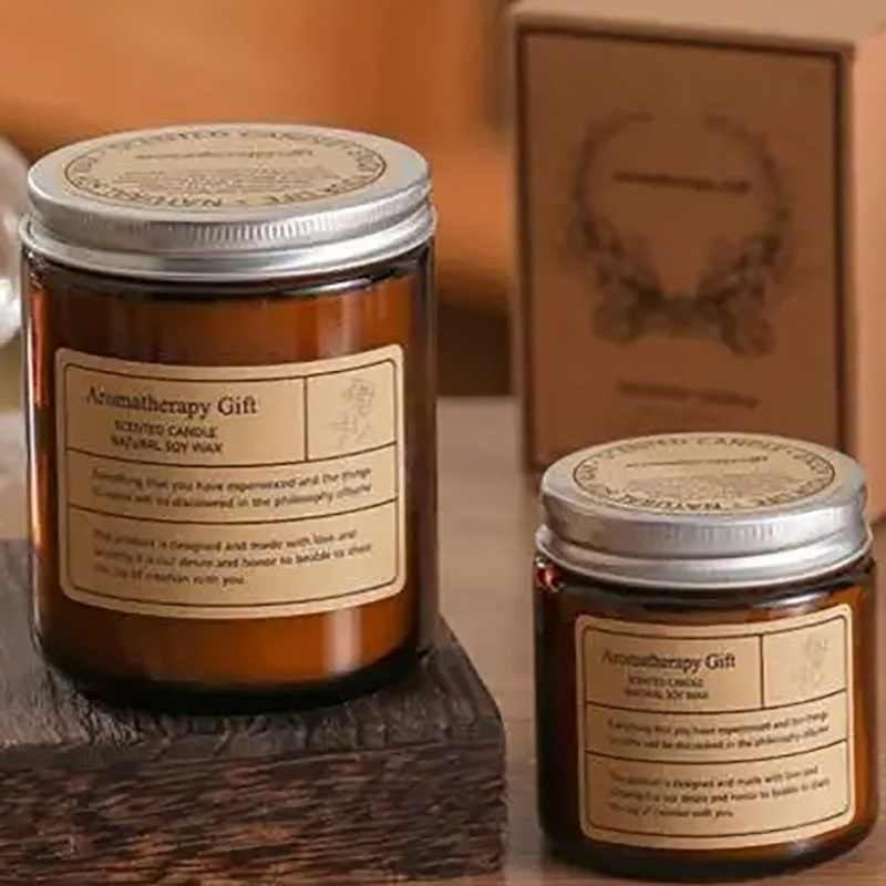 Custom Logo Label Sprayed Amber Color Glossy Candle Glass Jars with Metal Black Sliver Lid for Home Decoration