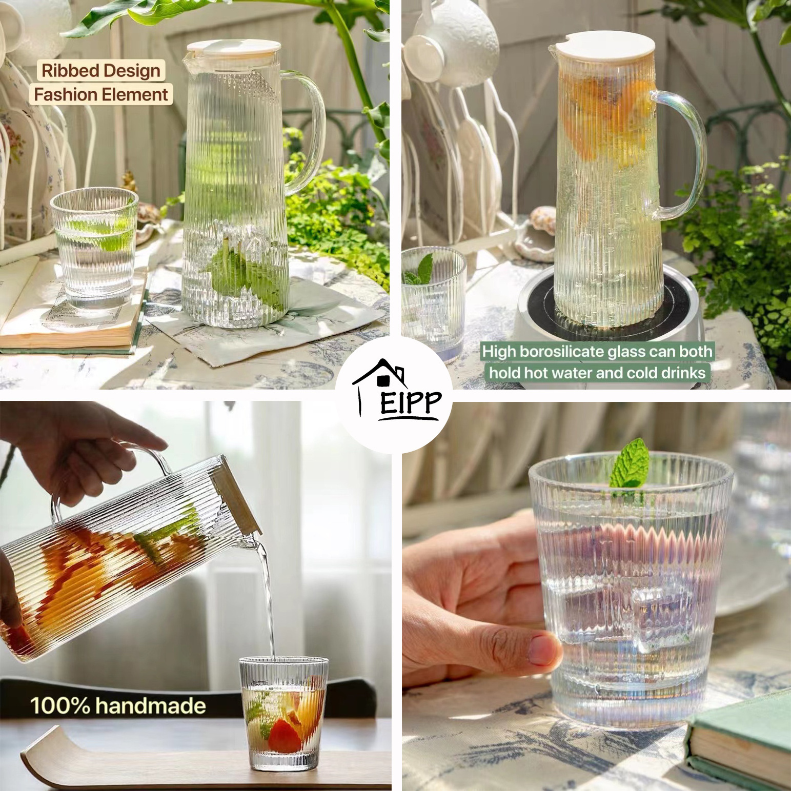 Heat Resistance Custom Box Packaging Clear Ribbed Borosilicate Glass Water Pitcher Jug and Glasses Set with Lid