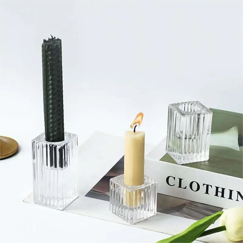 Square Ribbed Candle Sticks Creative Fashion Small Glass Candlestick Production Multi-Color Candle Holders for Home