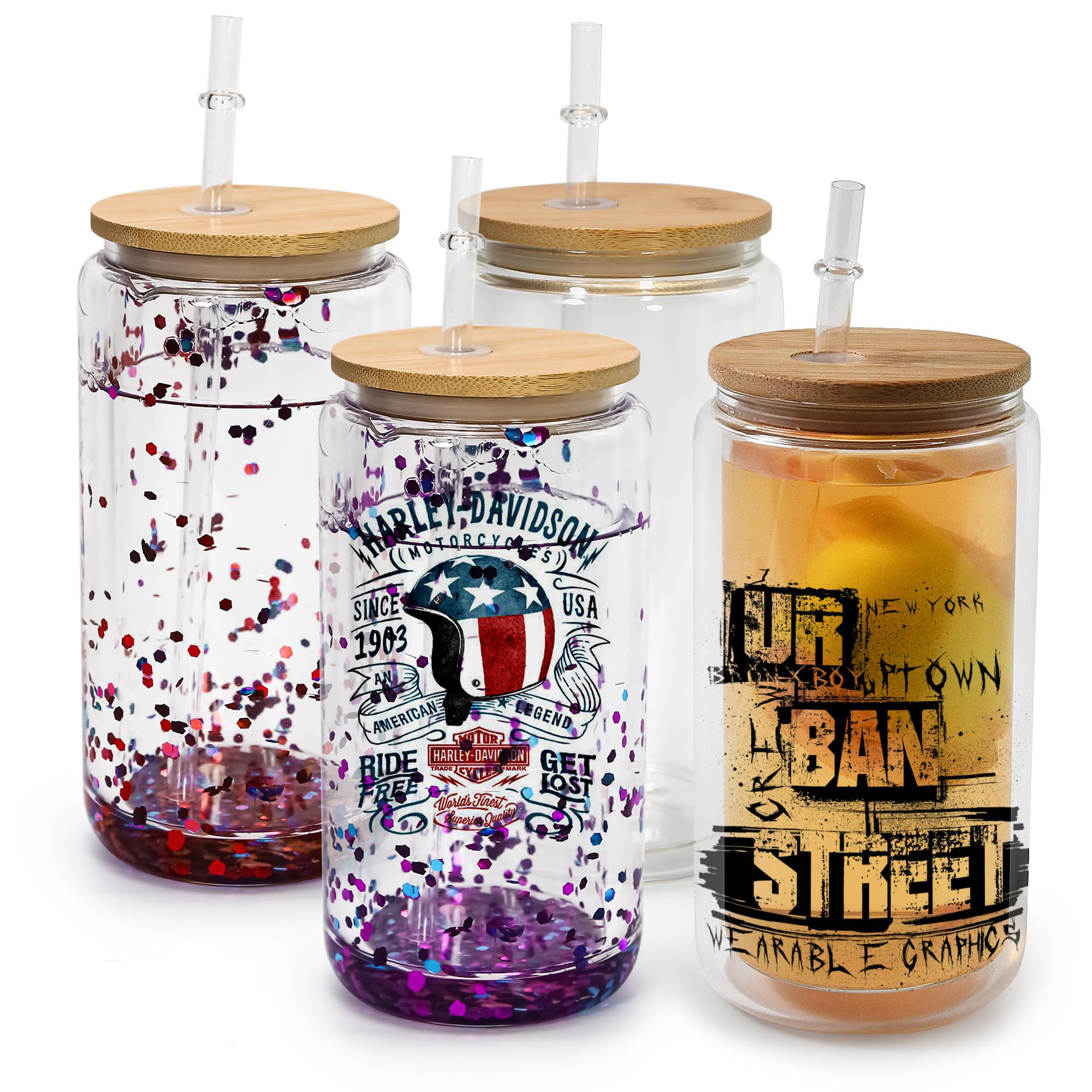 Glass Cups 12oz 16oz Double Walled Glass Can Beer Can Glass Cups with Bamboo Lid and Straw for Sublimation Snowglobe Printing