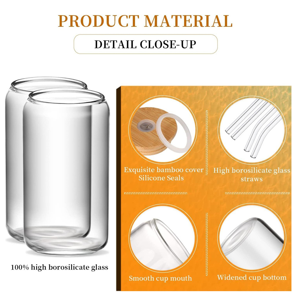 reusable can shaped cold water transparent iced coffee drinking glasses with bamboo lids and glass straw