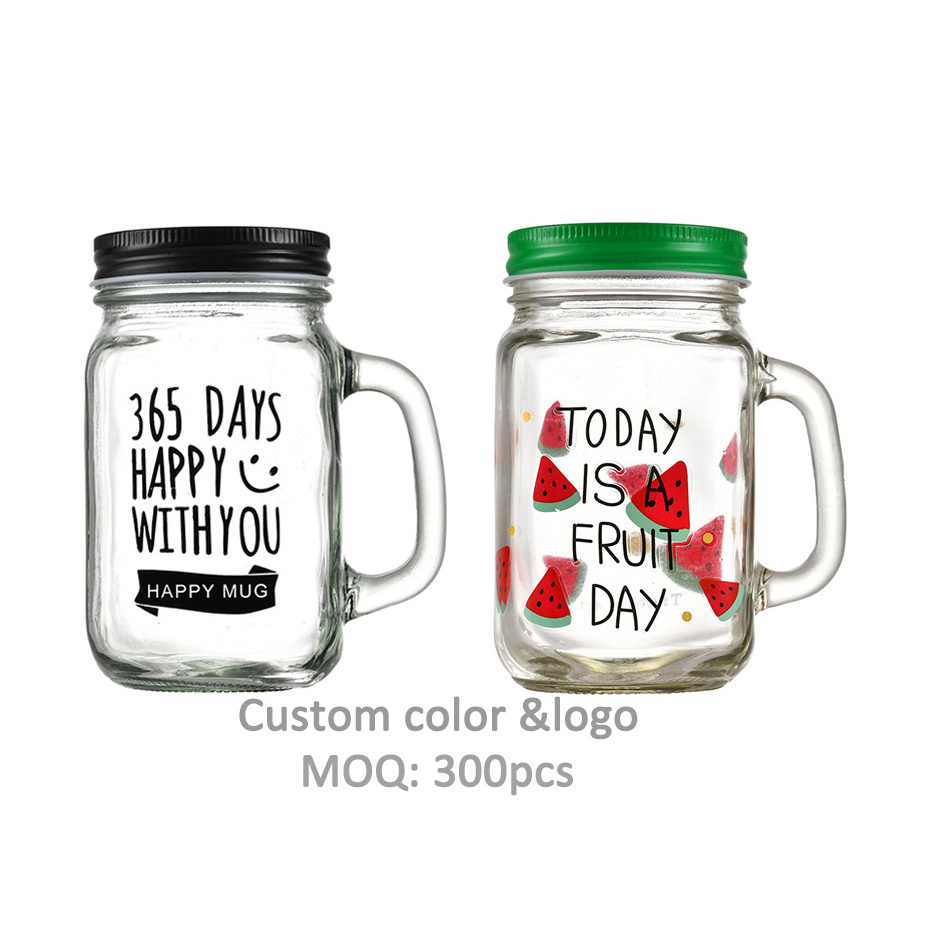 Mason Jar with Handle Custom Colored Drinking Water Beverage Glass 350ml 450ml Kitchen Party Square Modern Glass Mug 1000pcs >10