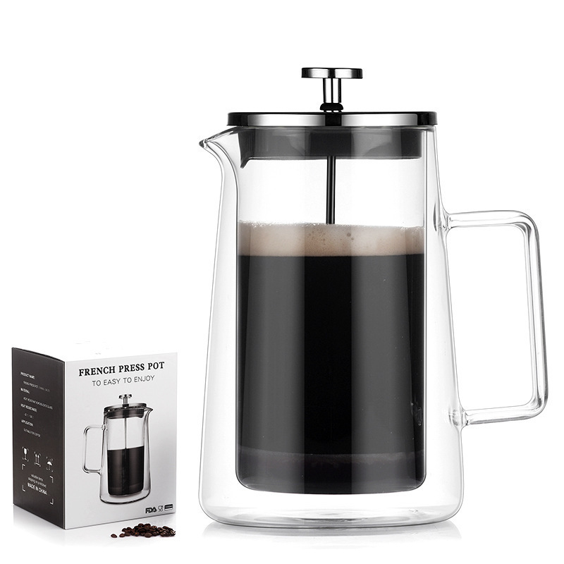 French Press Coffee Pot Maker Low Moq 650ml High Borosilicate High Quality Double Wall Cafetiere Insulated Glass Modern Round