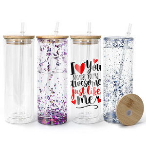 EIPP DIY 12oz 16oz Coffee Tea Beer Double Wall Sublimation Glass Can Cup Snow Globe Tumblers with Bamboo Lid and Straw