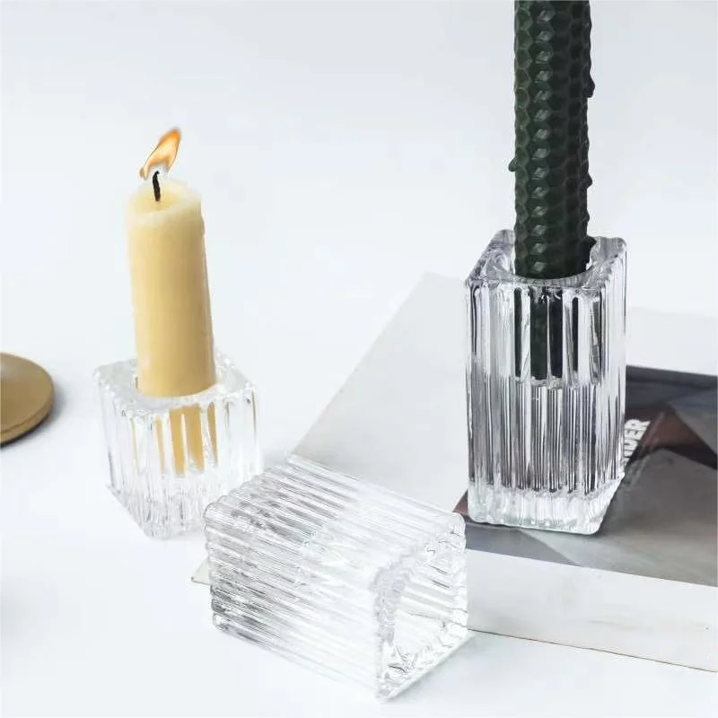 Square Ribbed Candle Sticks Creative Fashion Small Glass Candlestick Production Multi-Color Candle Holders for Home