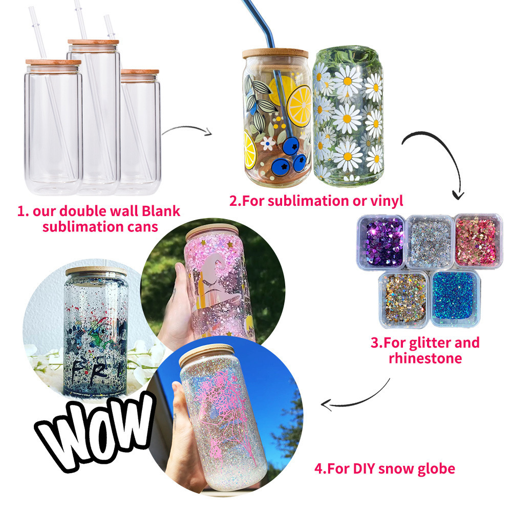 Sublimation Snow Globe Tumblers Pre Drilled Double Walled Glass New Product 12oz 16oz 20oz CLASSIC Party Beer Can Vasos 12 Oz