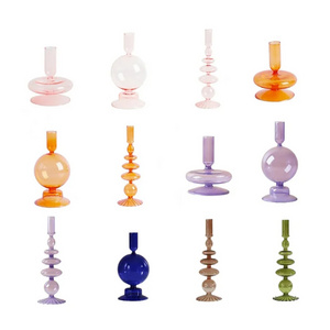 Customized Amber Purple Colorful Glass Creative Vintage Design Candle Holder for Candlesticks