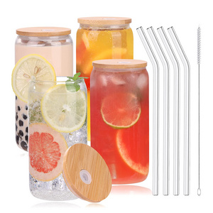 reusable can shaped cold water transparent iced coffee drinking glasses with bamboo lids and glass straw