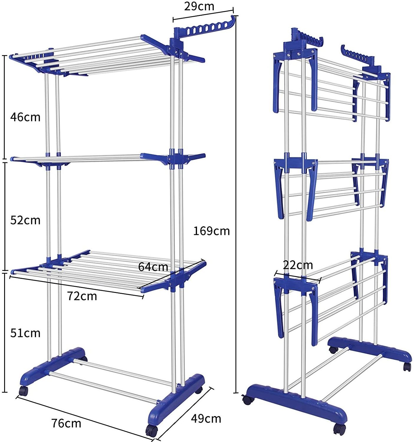 Laundry Airer with Wheels and Extra Hanging Hooks Multipurpose Vertical 3 Tier Clothes Drying Rack