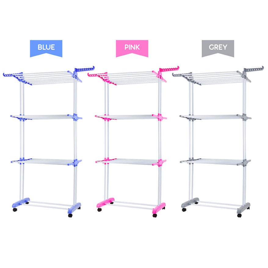 Laundry Airer with Wheels and Extra Hanging Hooks Multipurpose Vertical 3 Tier Clothes Drying Rack