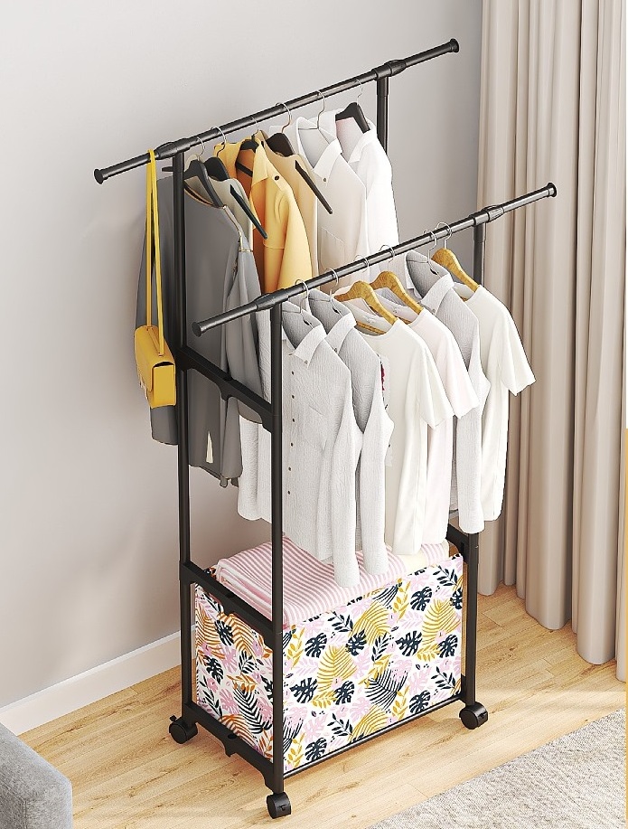 EISHO Metal Garment Rail With Fabric Box Rolling Clothes Hanging Standing Clothing Racks