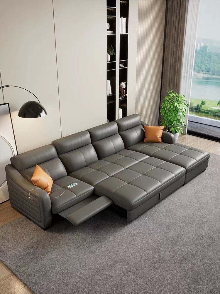 Electric function leather sofa bed living room combination modern minimalist storage retractable new leather sofa