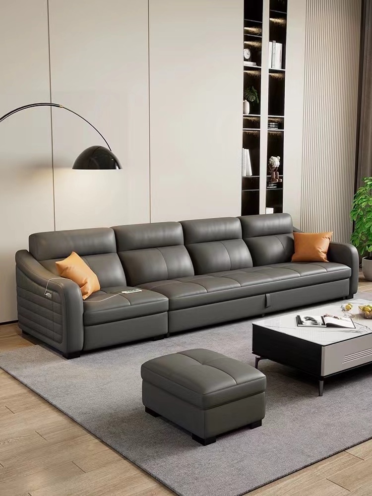 Electric function leather sofa bed living room combination modern minimalist storage retractable new leather sofa