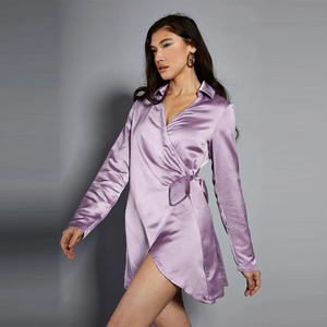 Solid color Lavender Satin Mini Wrap Dress With V-neck stand Collar  Front Satin Shirt Party Dresses Women Wrap Sexy Dresses