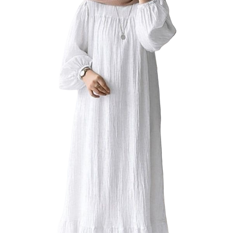 Vintage Fashion Lightweight Abaya Bubble Sleeve and Hem Ruffle Dress with Pocket for Adults Muslim Robe Breathable