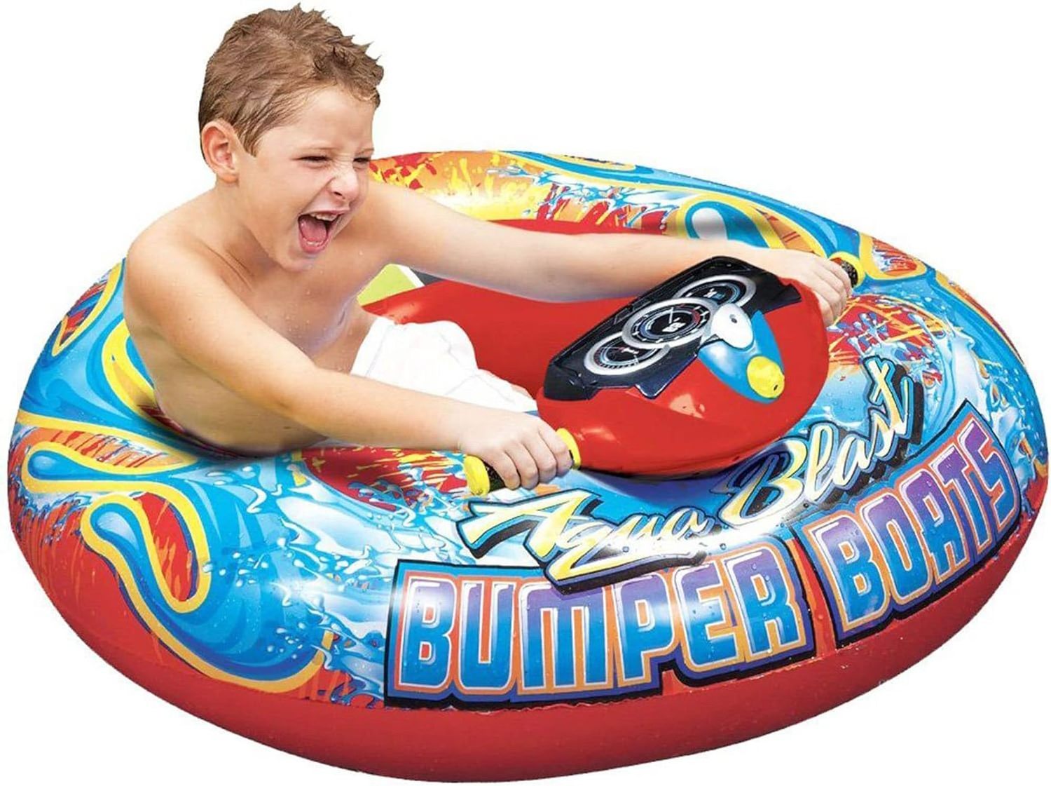 Supports Customized Motorized Bumper Boat Inflatable Pool Float Toy with Water Spray Gun for Kids 5 to 10 Years Old