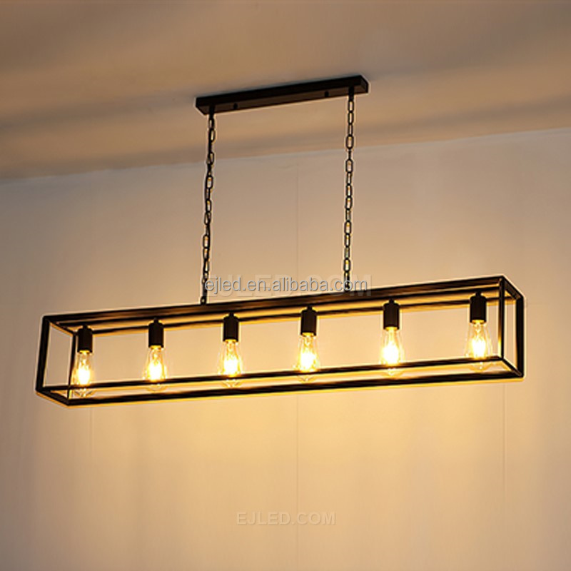 Chandeliers Rectangle Black 6 Light Dining Room Lighting Fixtures Contemporary Ceiling Light with Adjustable Iron Chain IN0115