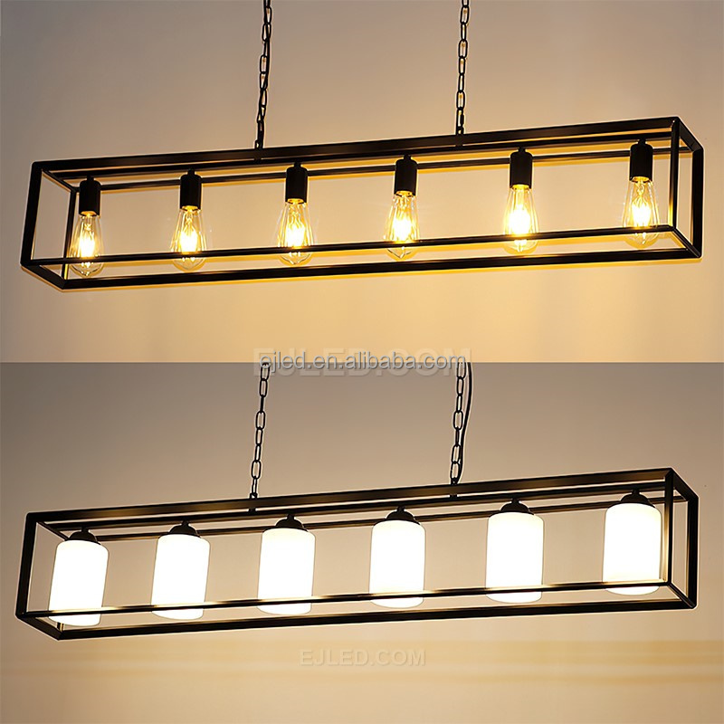 Chandeliers Rectangle Black 6 Light Dining Room Lighting Fixtures Contemporary Ceiling Light with Adjustable Iron Chain IN0115