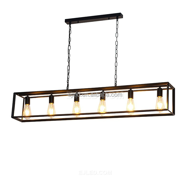 Chandeliers Rectangle Black 6 Light Dining Room Lighting Fixtures Contemporary Ceiling Light with Adjustable Iron Chain IN0115