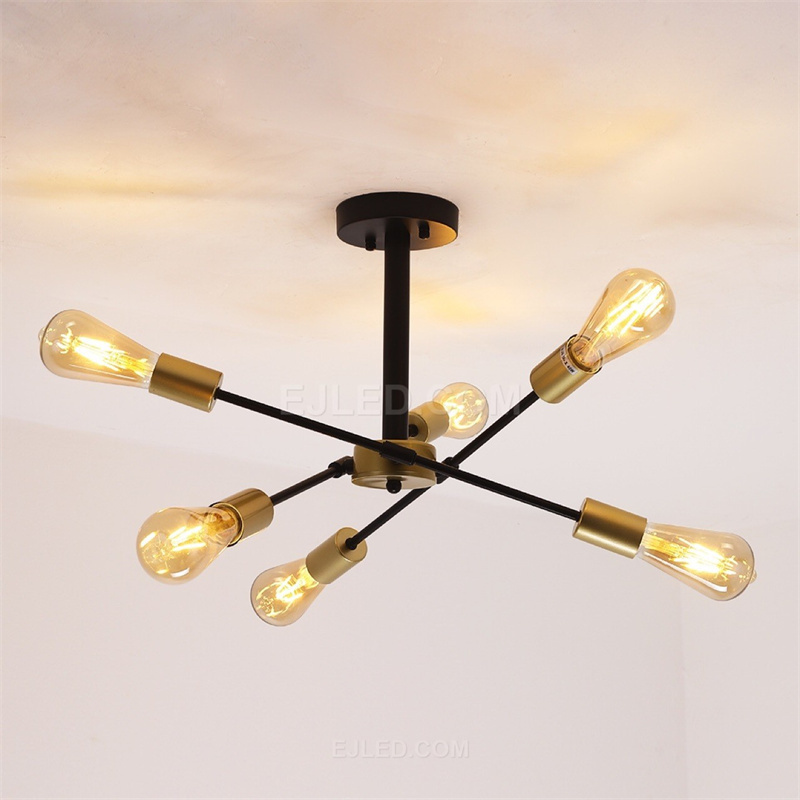 Sputnik V Chandeliers  6 Lights Semi Flush Mount Ceiling Light Black and Gold Chandelier lamps Home Decor for Restaurant IN0129