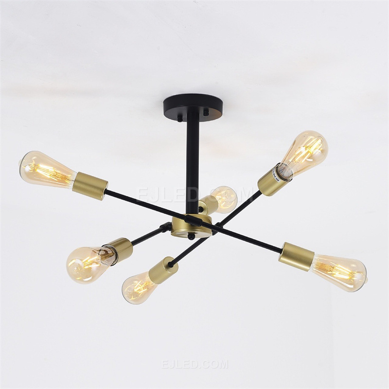 Sputnik V Chandeliers  6 Lights Semi Flush Mount Ceiling Light Black and Gold Chandelier lamps Home Decor for Restaurant IN0129