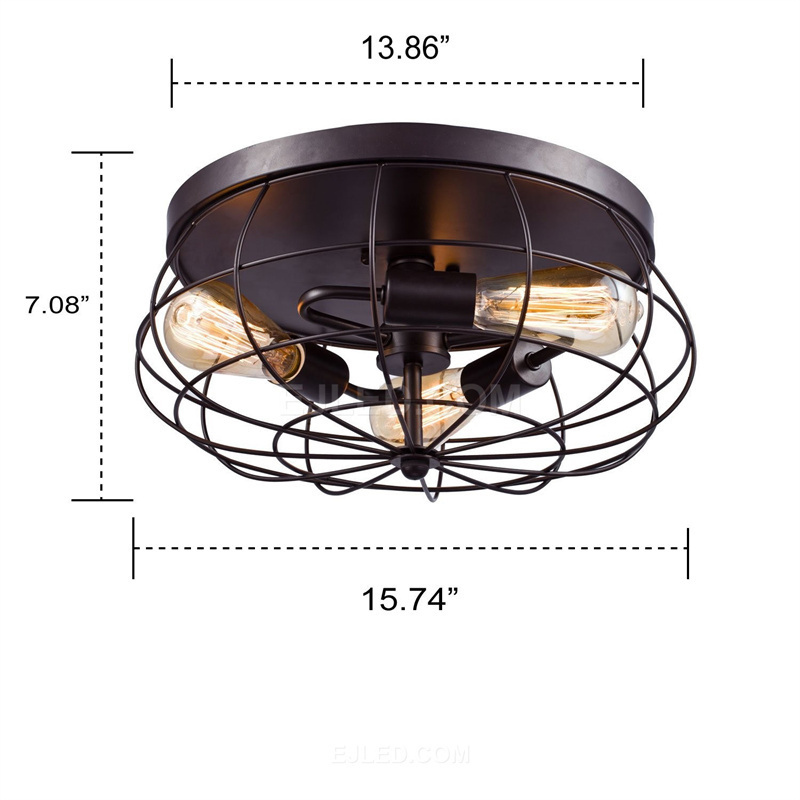 Rustic Semi Flush Ceiling Lights Metal Drum 5-Light Industrial Metal Cage Shade Matte Black Finish for Foyer IN0145