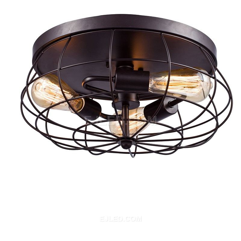 Rustic Semi Flush Ceiling Lights Metal Drum 5-Light Industrial Metal Cage Shade Matte Black Finish for Foyer IN0145