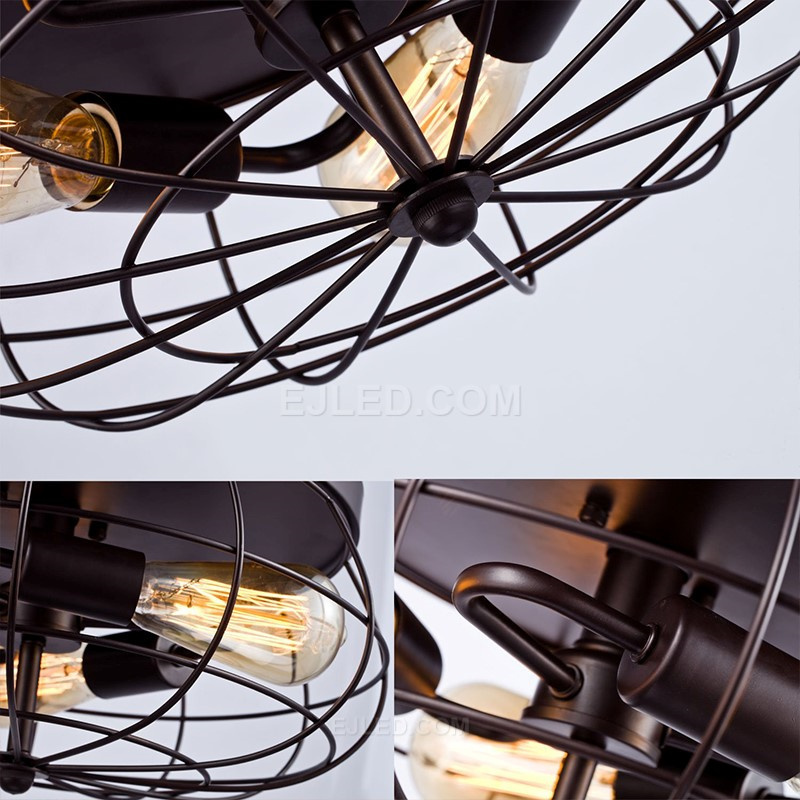 Rustic Semi Flush Ceiling Lights Metal Drum 5-Light Industrial Metal Cage Shade Matte Black Finish for Foyer IN0145