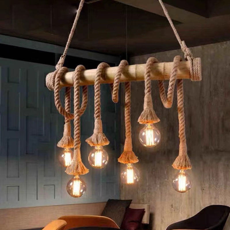 Industrial Pendant Light Fixtures Unitary Brand Rustic Hemp Rope and Bamboo Dining Room Hanging Lights with 6 Arms RP0005