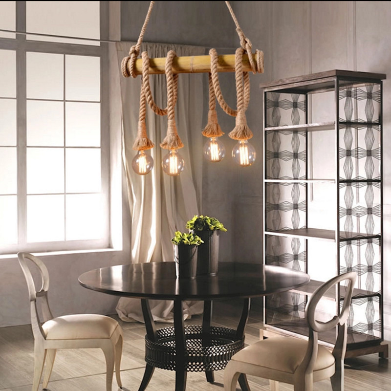 Industrial Pendant Light Fixtures Unitary Brand Rustic Hemp Rope and Bamboo Dining Room Hanging Lights with 6 Arms RP0005