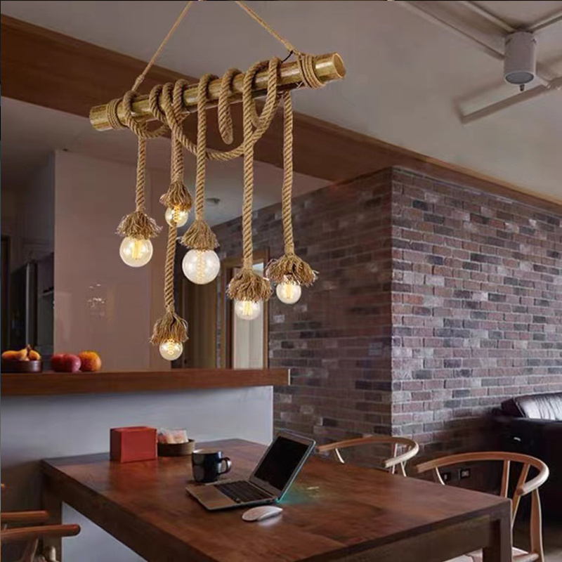 6 Heads Hemp Rope Pendant Light Vintage Bamboo Chandeliers Fixture Rustic Industrial Hanging Lamp for Kitchen RP0005