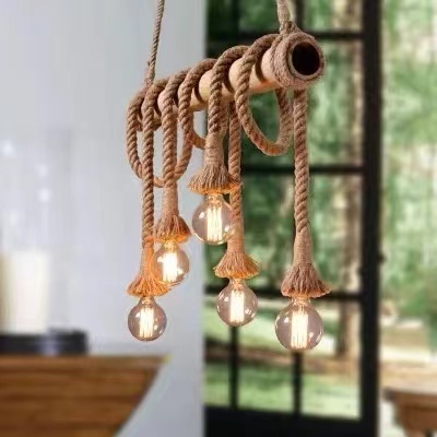 6 Heads Hemp Rope Pendant Light Vintage Bamboo Chandeliers Fixture Rustic Industrial Hanging Lamp for Kitchen RP0005