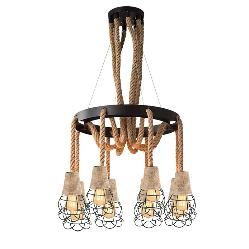 Vintage Hemp Rope Pendant Light Fixture E27 Basket Retro Hanging Light Lamp Chandelier Base Holder for Dining Hall RP0033