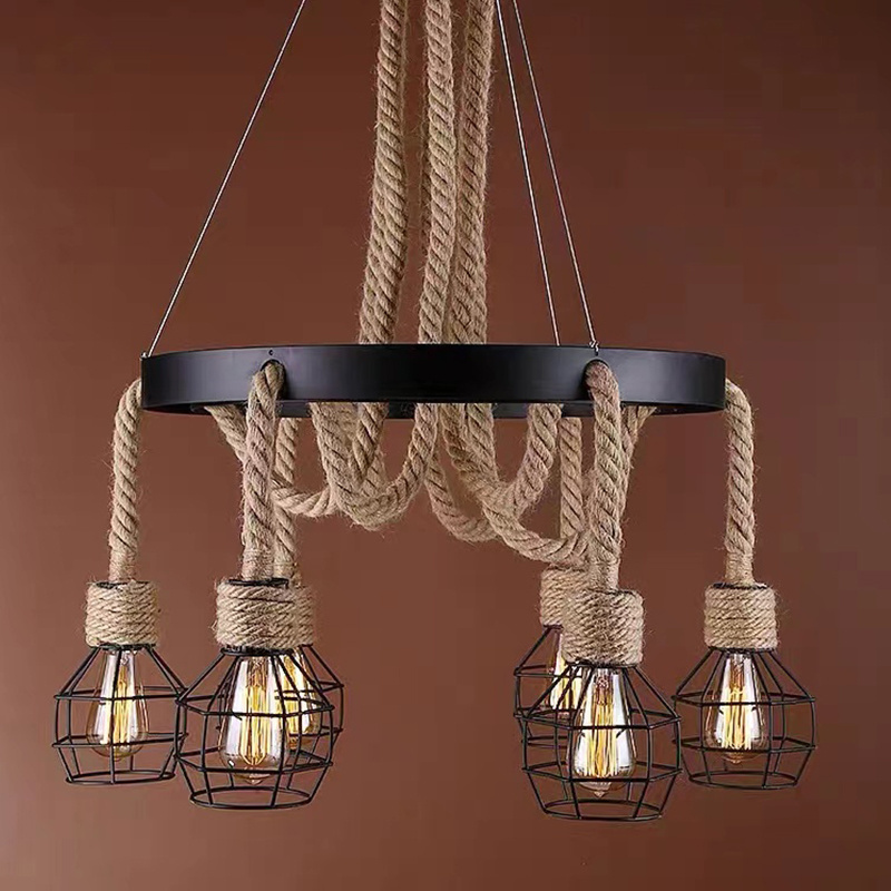 Vintage Hemp Rope Pendant Light Fixture E27 Basket Retro Hanging Light Lamp Chandelier Base Holder for Dining Hall RP0033