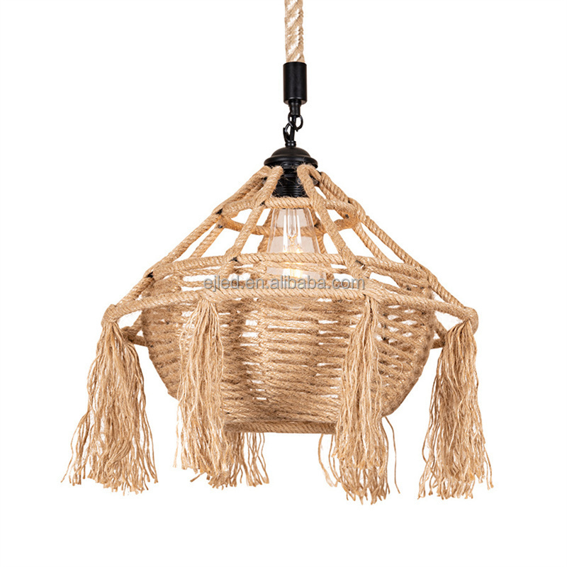 Woven Pendant Light Boho Chandelier with Tassel Rustic Farm Chandelier Hemp Rope Light Rattan Light Fixture for Village RP0085