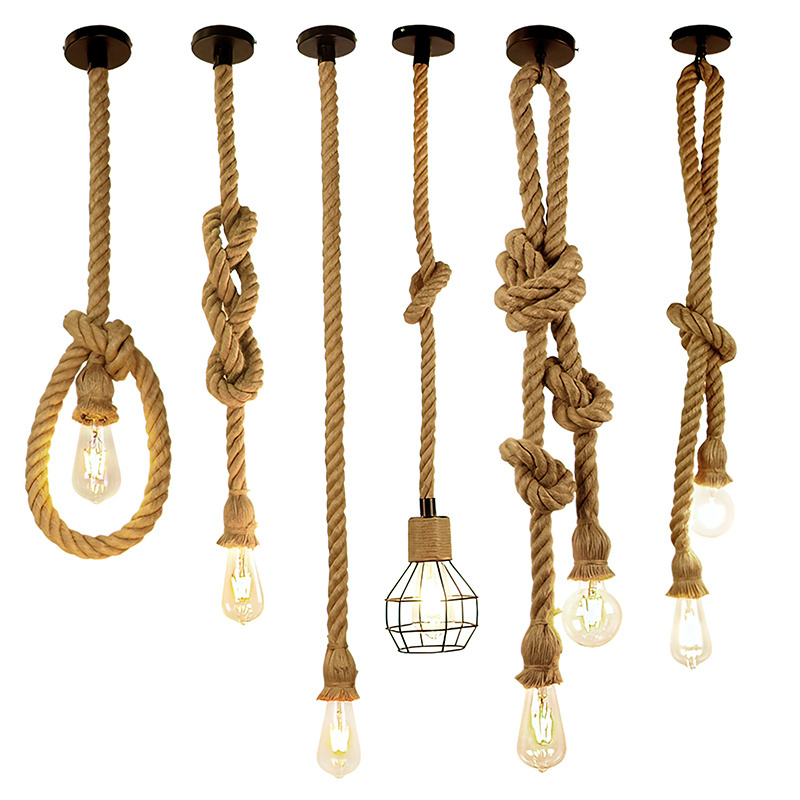 Hemp Rope Chandelier Single Head Pendant Lamp E27 Base Ceiling Lamp Retro Pendant Light RP0004