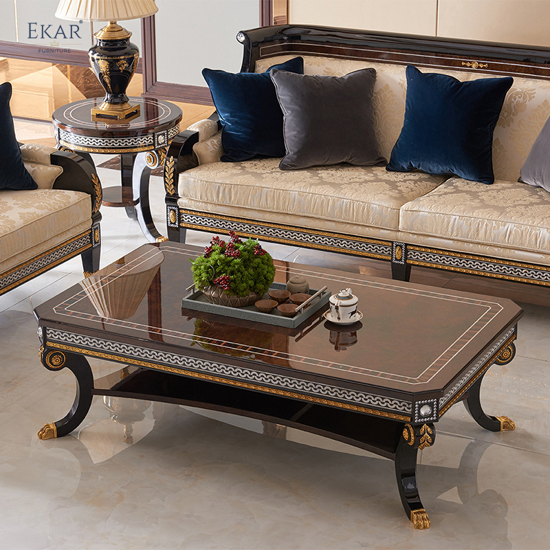 Luxurious Peachwood & Genuine Leather Sofa Set with Pure Copper Accents and Matching Coffee Table