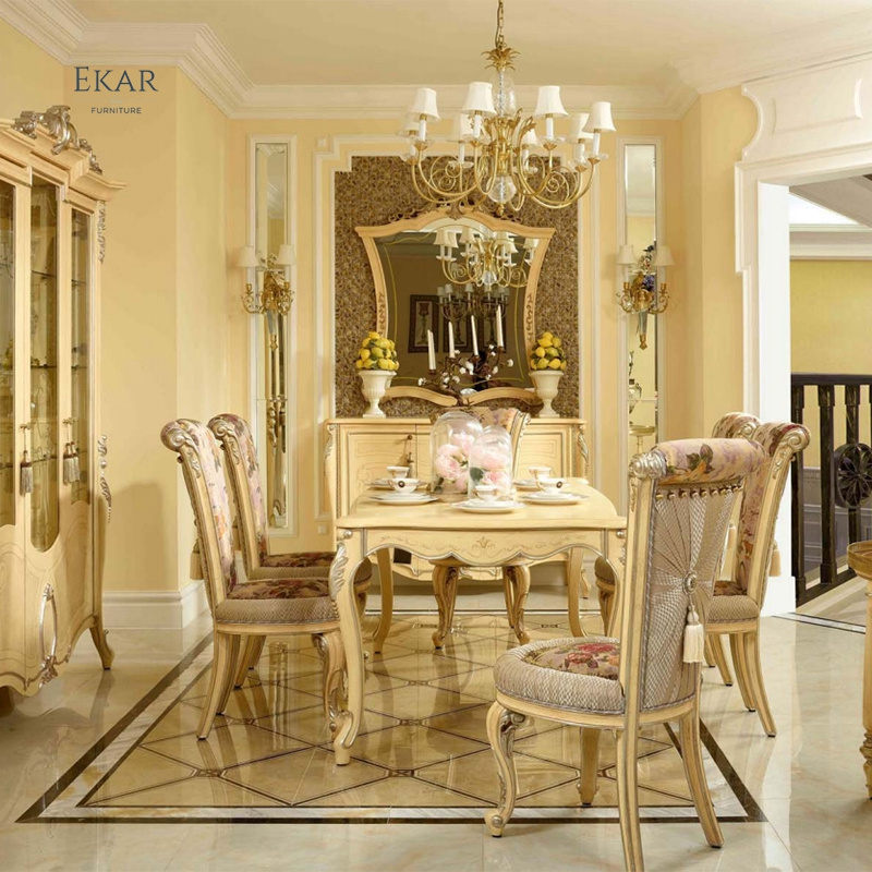 European Fancy Solid Wood Dining Room Furniture Wooden Carved Baroque Ivory Gold Painted Dining Table 6 8 10 Chairs Set