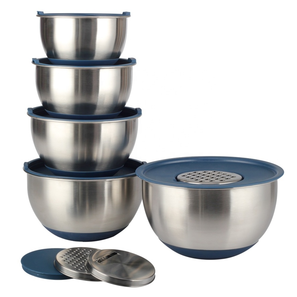 Non-Slip Salad Bowls with Pour Spouts & Measurement Marks,  Stainless Steel Mixing Bowls with Lids