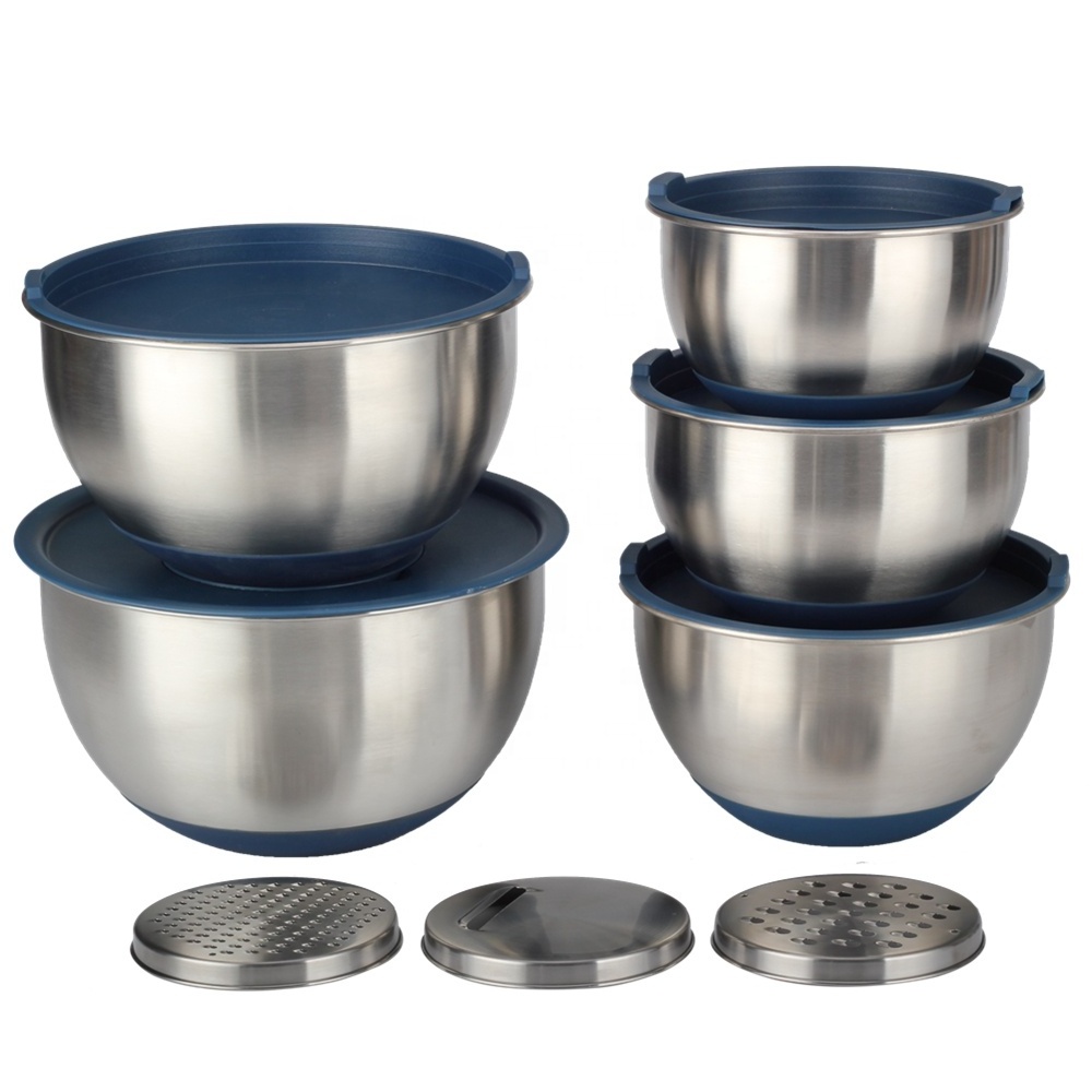 Non-Slip Salad Bowls with Pour Spouts & Measurement Marks,  Stainless Steel Mixing Bowls with Lids