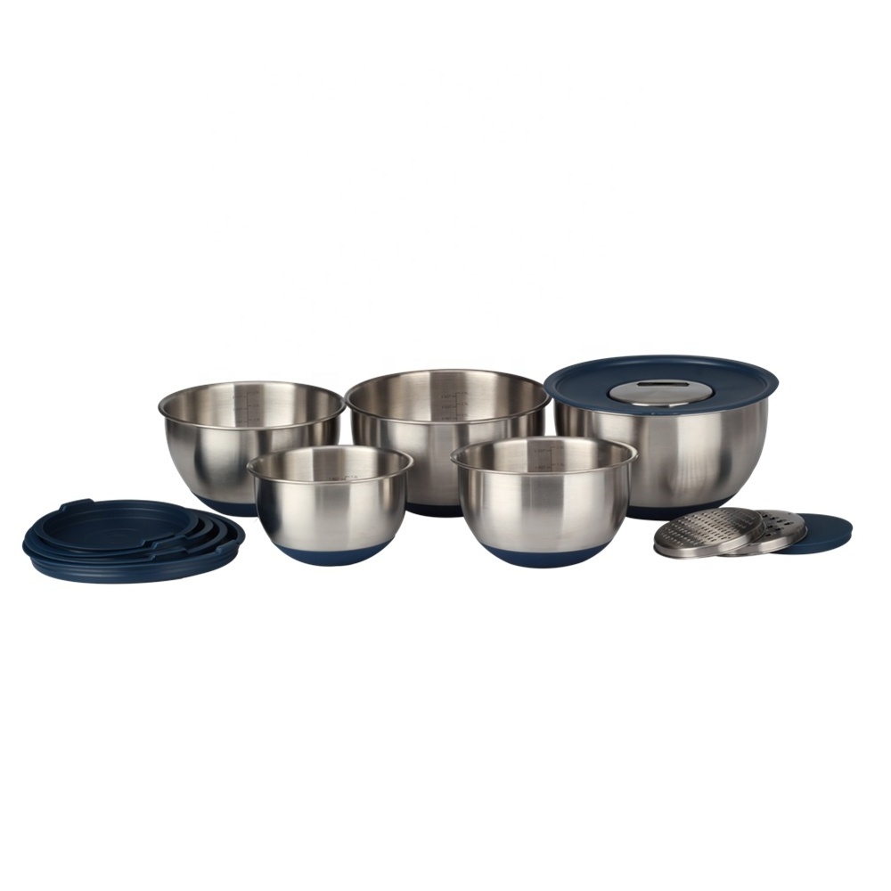 Non-Slip Salad Bowls with Pour Spouts & Measurement Marks,  Stainless Steel Mixing Bowls with Lids