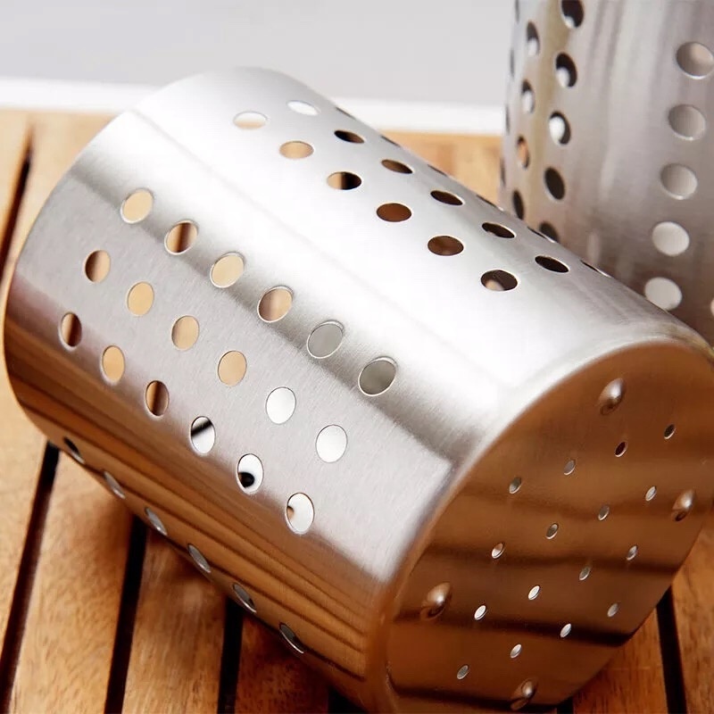 Kitchen Utensil Drying Cylinder with Drain Holes, Stainless Steel Utensil Holder